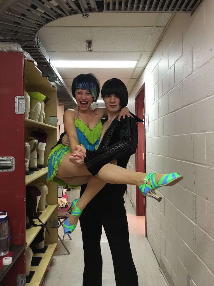 Dancer Heidi Friese backstage with dance partner as a salsa dancer in Matilda The Musical at the Ed Mirvish Theatre in Toronto, Canada