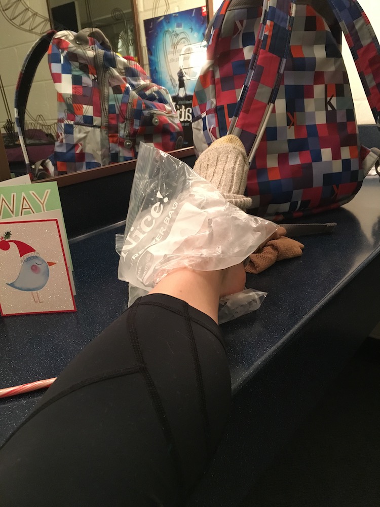 Heidi Friese backstage Matilda The Musical at the Lincoln Center Performing Arts Center icing ankle