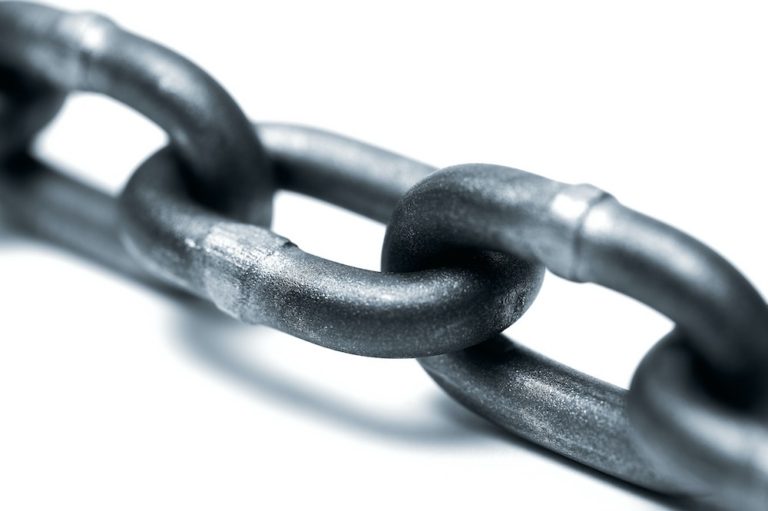 closeup of metal chain links on white background